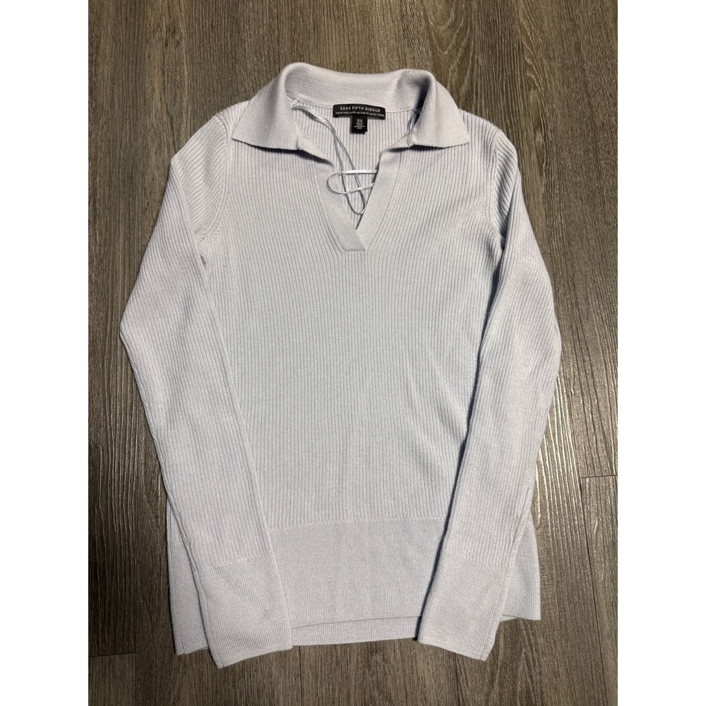 Saks Fifth Avenue Light Blue Merino Wool Blend Ribbed Polo Sweater XS